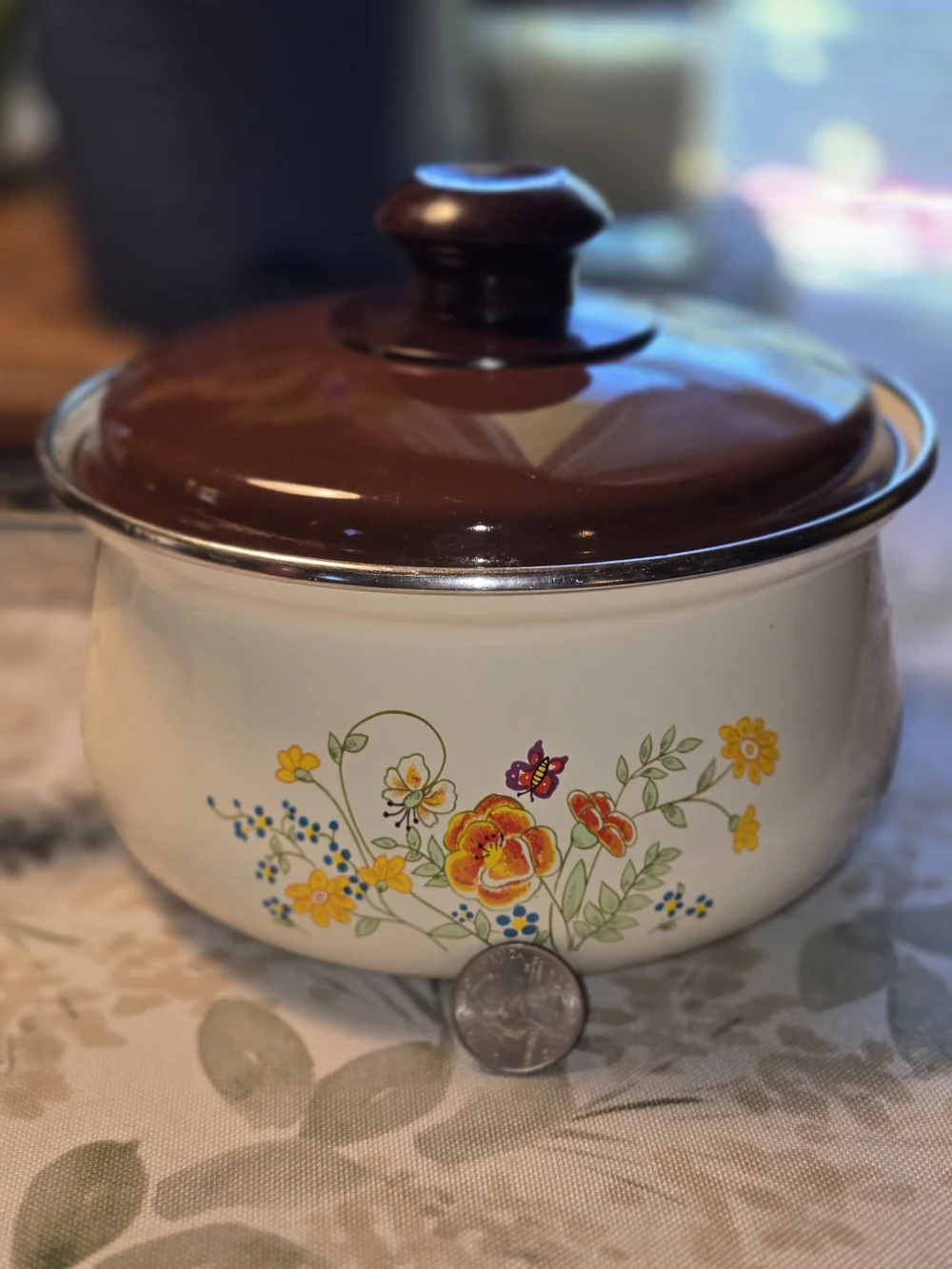 70s Vintage Medium Enamel Saucepan, Brown Lid, Floral Butterly Design